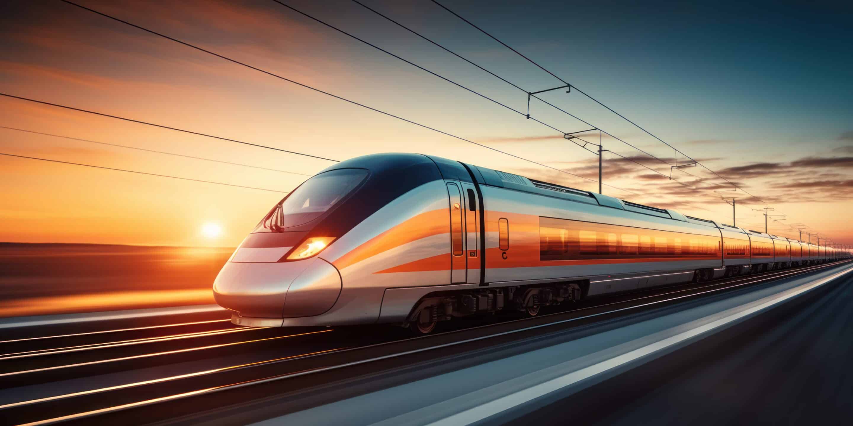 highspeed train blurring past tracks sunset scaled