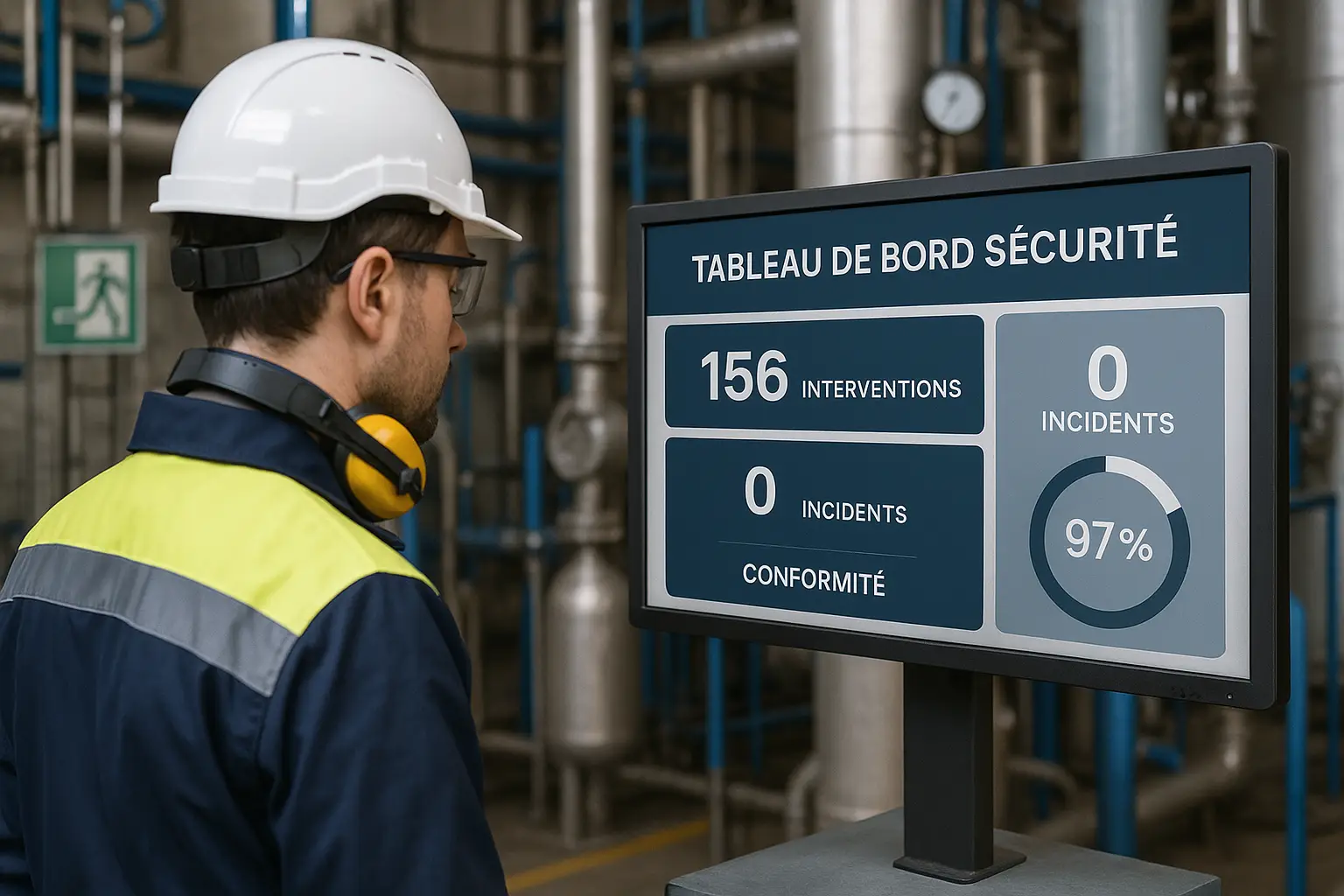 Technicien maintenance consultant tableau de bord sécurité sur écran industriel