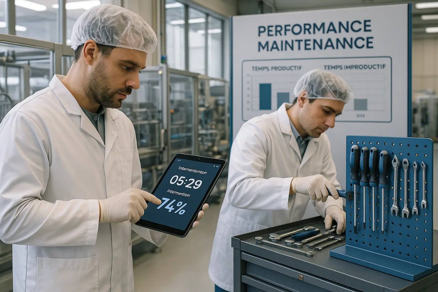Techniciens maintenance dans usine pharmaceutique